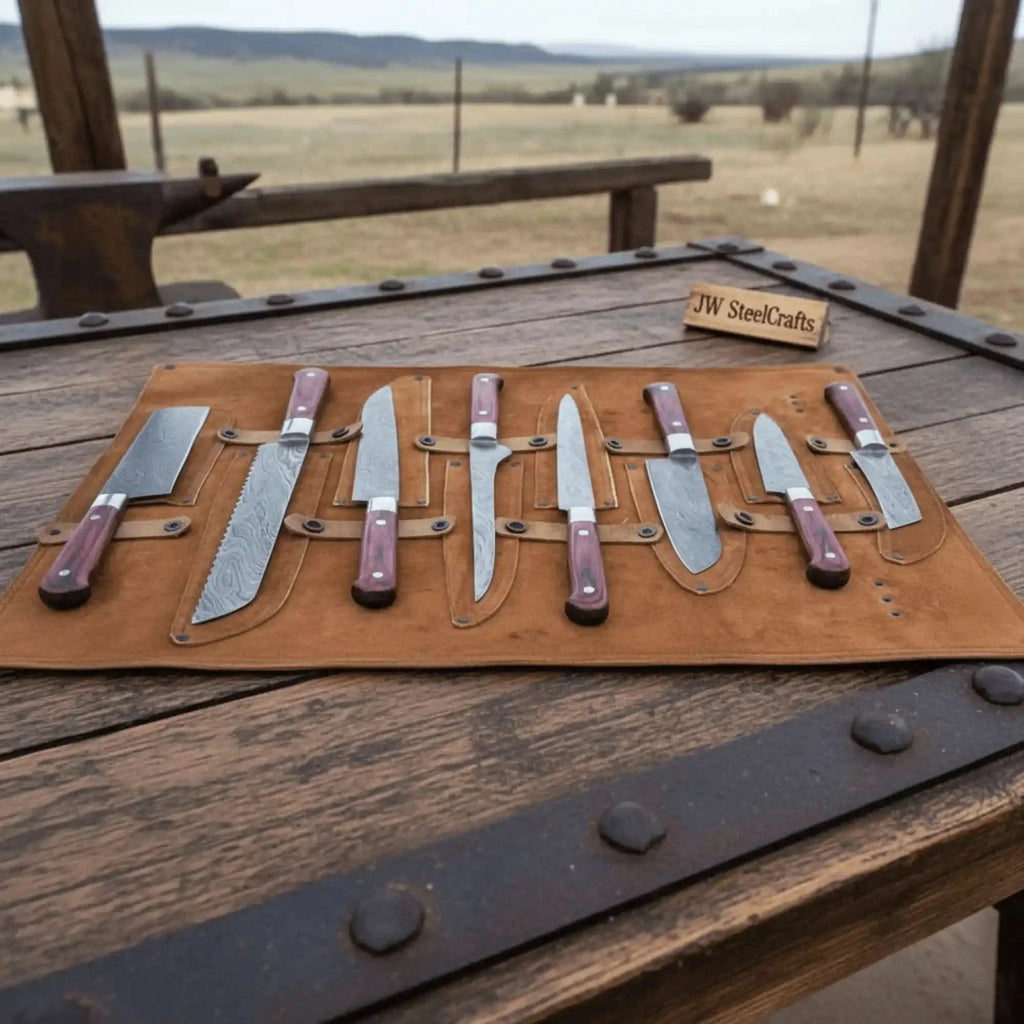 Handmade Damascus Chef Knife Set of 8 with Leather Roll, Full Tang Culinary Knife Collection with Red Wood Handles – JW SteelCrafts