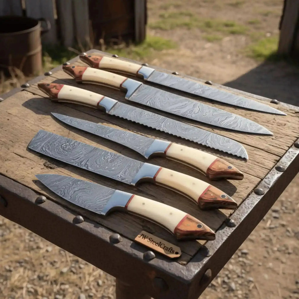 6-Piece Damascus Kitchen Knife Set — Chef, Bread, Fillet, Cleaver & Utility Knives with White Bone and Red Wood Handles, Leather Roll & Sharpener