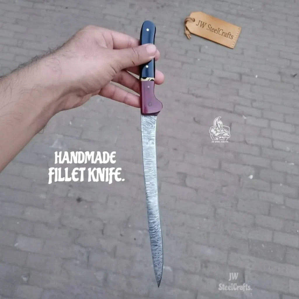 Handmade Damascus Boning Knife, JW SteelCrafts, Full Tang Fillet with Micarta and Resin Handle