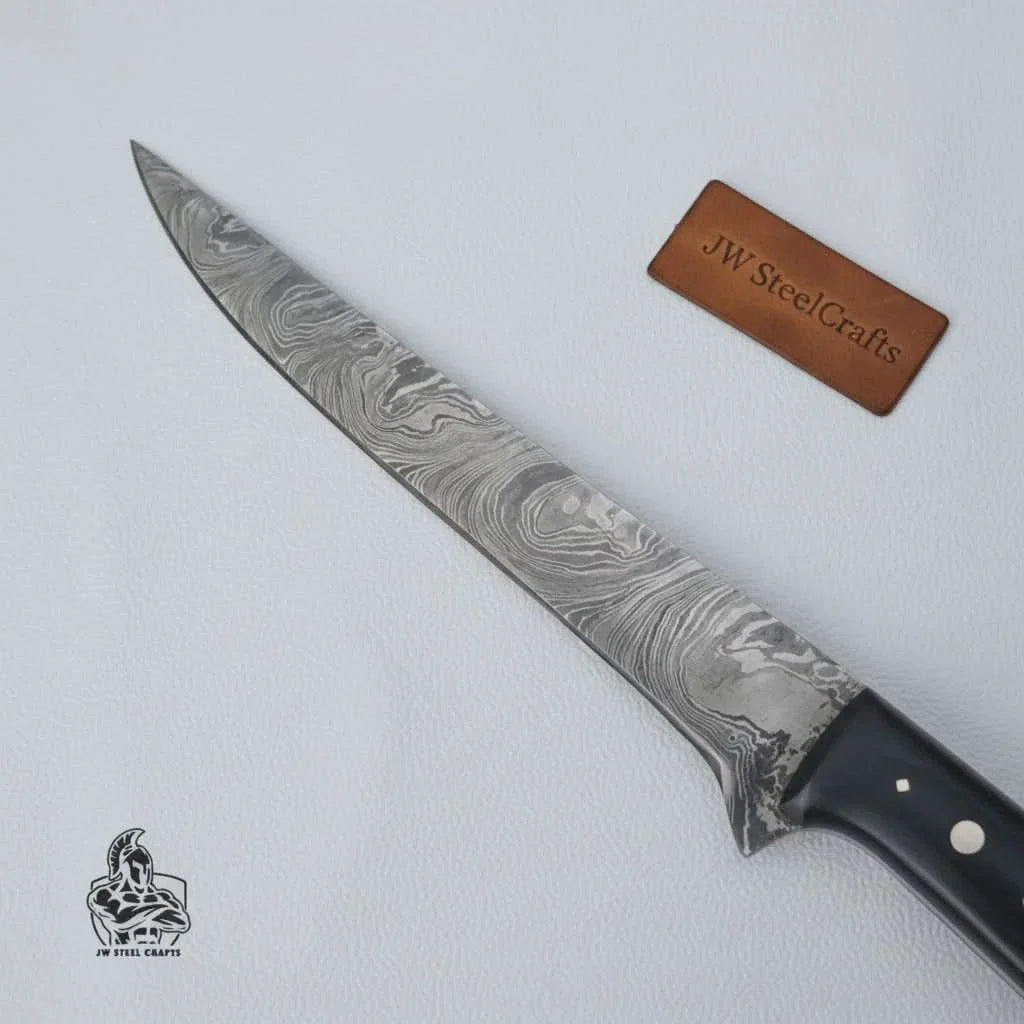 Handmade Damascus Fillet Knife – 11.5 Inch Overall Length, Flexible Fish Filleting Blade with Colored Wood Handle, Full Tang Fishing Knife with Leather Sheath, JW SteelCrafts