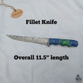 Handmade Damascus Fillet Knife – 11.5 Inch Overall Length, Flexible Fish Filleting Blade with Colored Wood Handle, Full Tang Fishing Knife with Leather Sheath, JW SteelCrafts