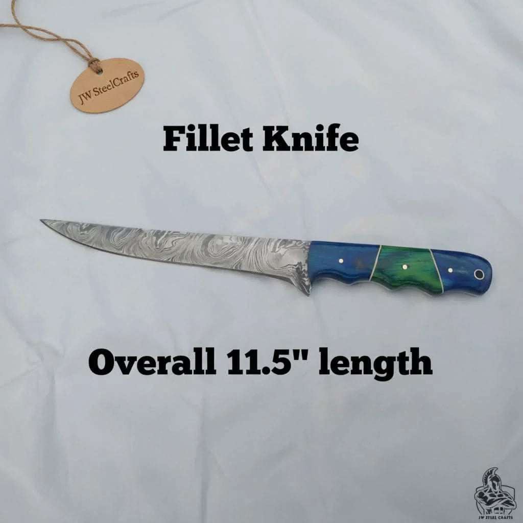 Handmade Damascus Fillet Knife – 11.5 Inch Overall Length, Flexible Fish Filleting Blade with Colored Wood Handle, Full Tang Fishing Knife with Leather Sheath, JW SteelCrafts
