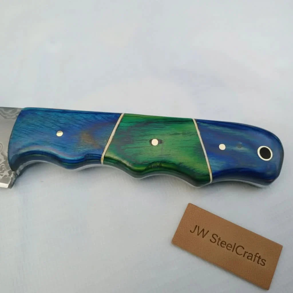 Handmade Damascus Fillet Knife – 11.5 Inch Overall Length, Flexible Fish Filleting Blade with Colored Wood Handle, Full Tang Fishing Knife with Leather Sheath, JW SteelCrafts