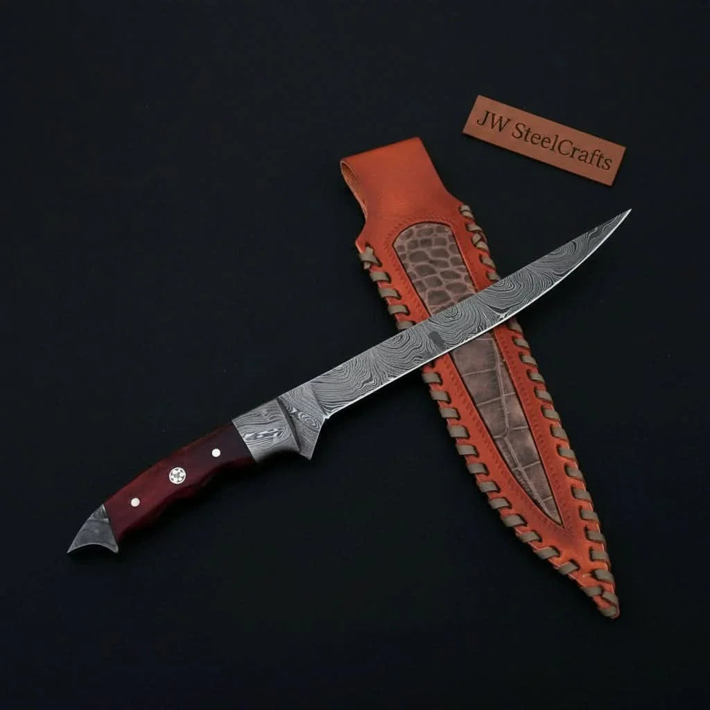 Handmade Damascus Steel Fillet Knife – 13 Inch Overall, 6 Inch Flexible Blade, Full Tang Fishing Knife with Hardwood Handle and Leather Sheath, Professional Fish Filleting Knife, JW SteelCrafts