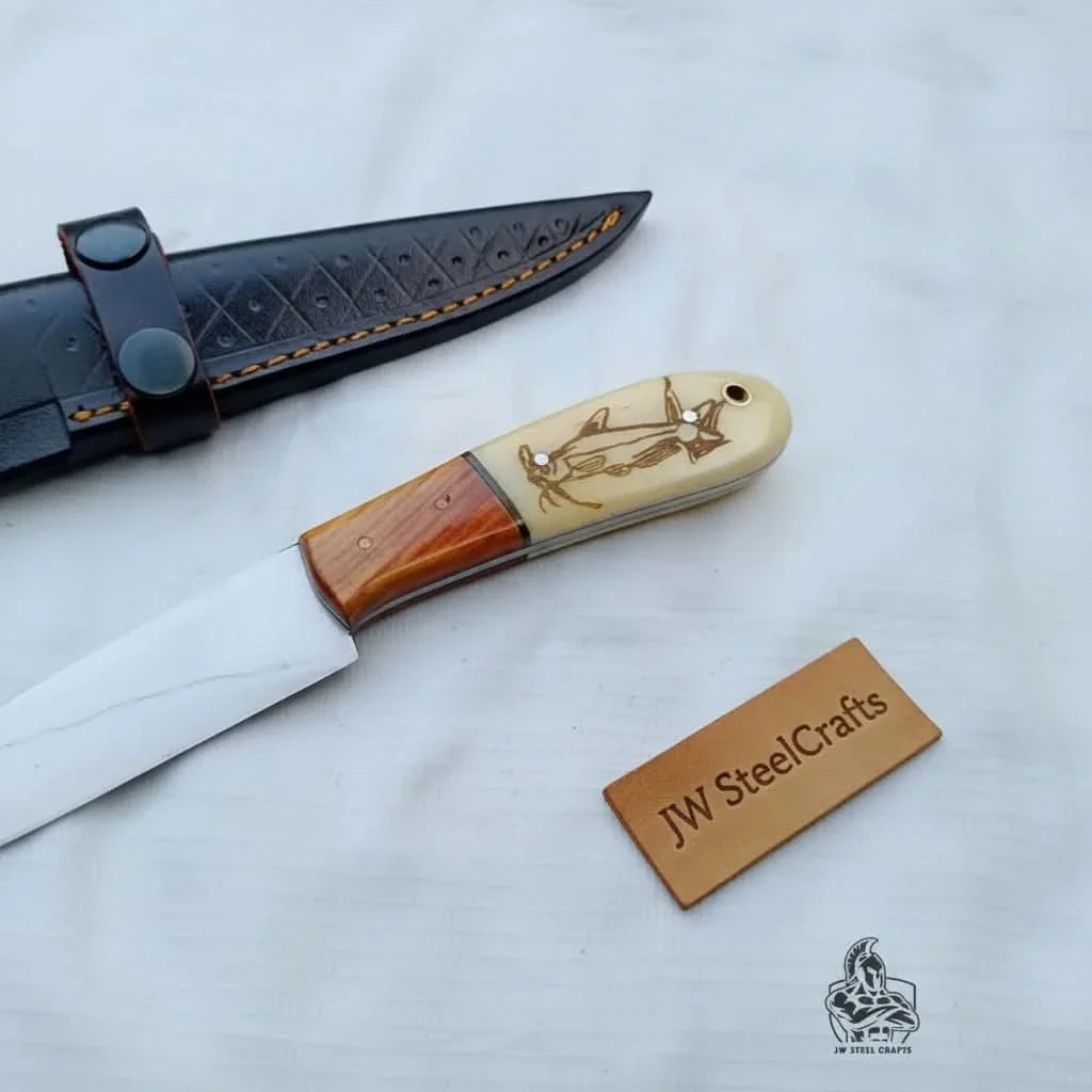 Handmade Fillet Knife – 13 Inch , Narrow Fish Filleting Blade with Engraved Bone and Wood Handle, Full Tang Fishing Knife with Leather Sheath