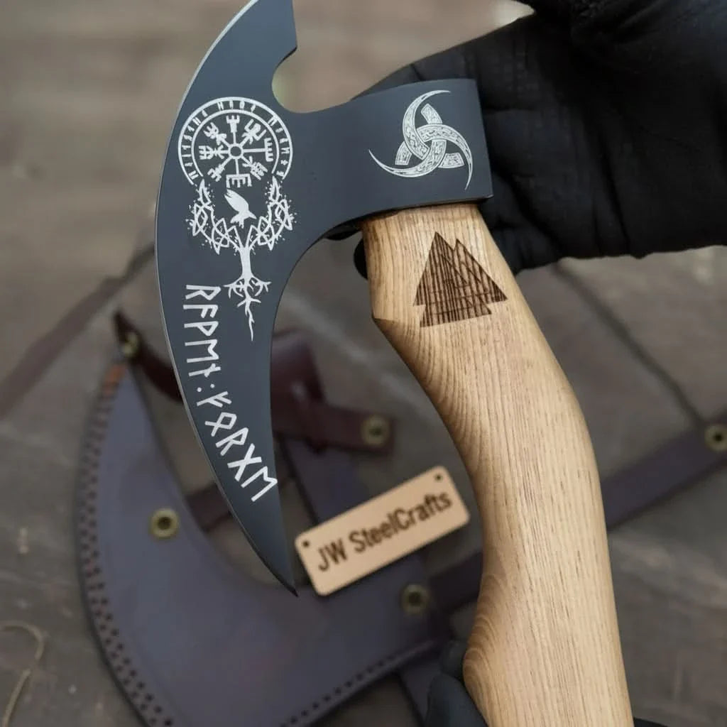 Product: Viking Style Engraved Bearded Axe – Oak Wood Handle