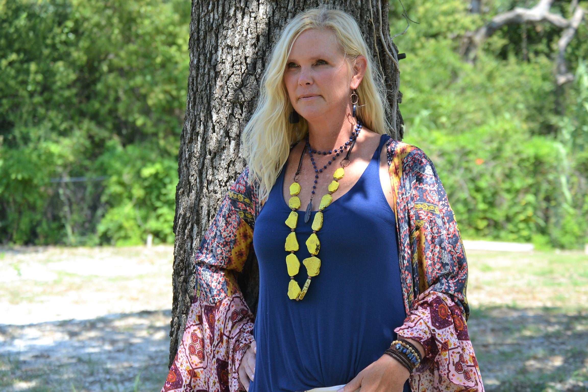 Blue Lapis Double Strand Lariat Necklace with Copper Feather 244z