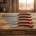 5-Piece Damascus Kitchen Set Cleaver, Gyuto, Bunka, Santoku, Paring Red Pakka Wood