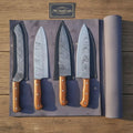 Custom Damascus Japanese Kitchen Quartet – Nakiri, Gyuto, Santoku & Chef Hybrid | Olive Wood Handle Set