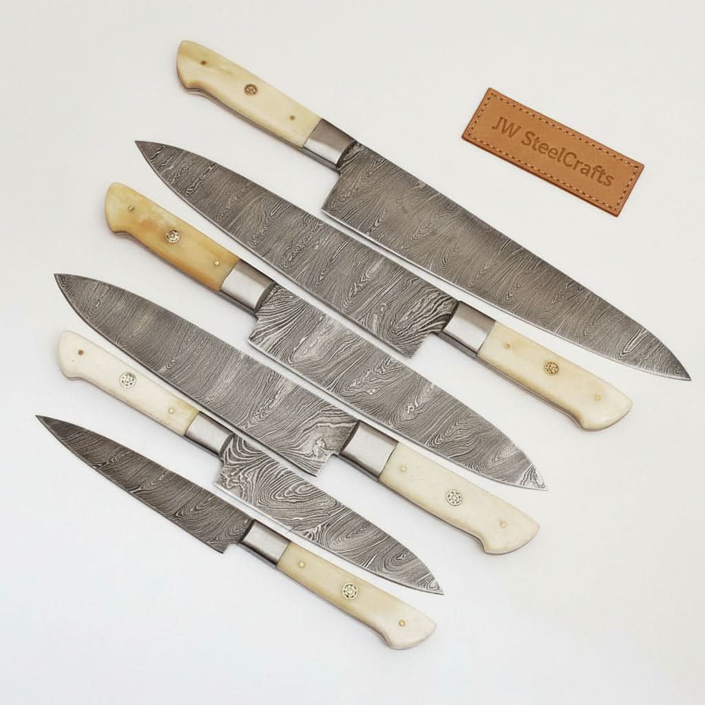 6-Pc Damascus Knife Set: Gyuto, Santoku, Nakiri, Boning, Utility, Paring Knives + Leather Roll