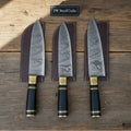 3-Piece Damascus Chef Knife Set — 13 Inch Blades with Black Resin Handles, Brass Bolsters & Leather Sheaths | JW Steel Crafts