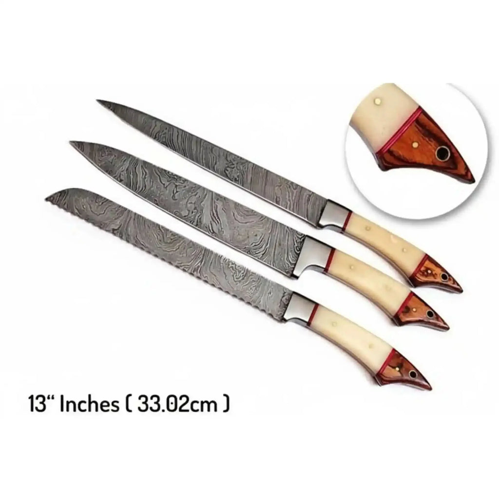 6-Piece Damascus Kitchen Knife Set — Chef, Bread, Fillet, Cleaver & Utility Knives with White Bone and Red Wood Handles, Leather Roll & Sharpener