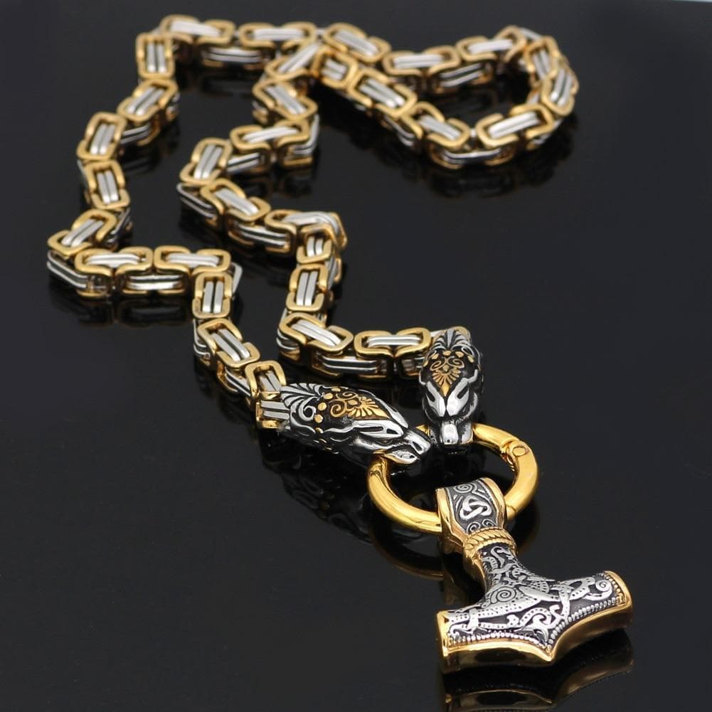 Vikings Snake Mjolnir Stainless Steel King Chain Necklace