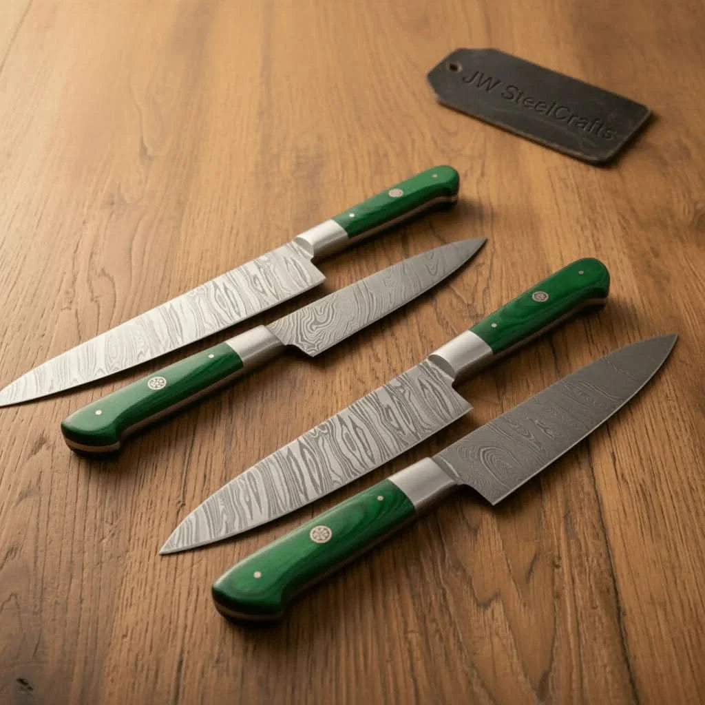 6-Piece Damascus Kitchen Knife Set with Green Wood Handle - Professional Cooking Collection