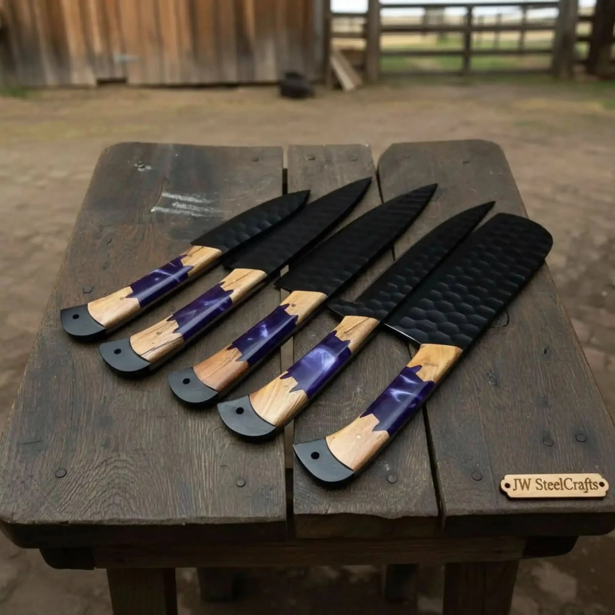 5-Piece Hand-Forged Chef Knives Set – Black Blades, Purple Resin & Olive Wood Handles