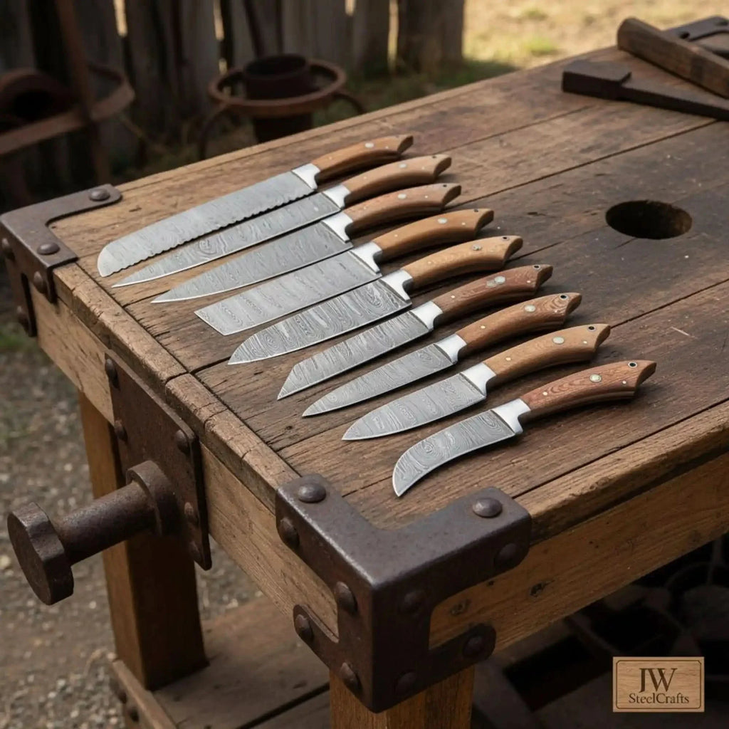 8-Piece Handmade Damascus Kitchen Knife Set with Walnut Wood Handles