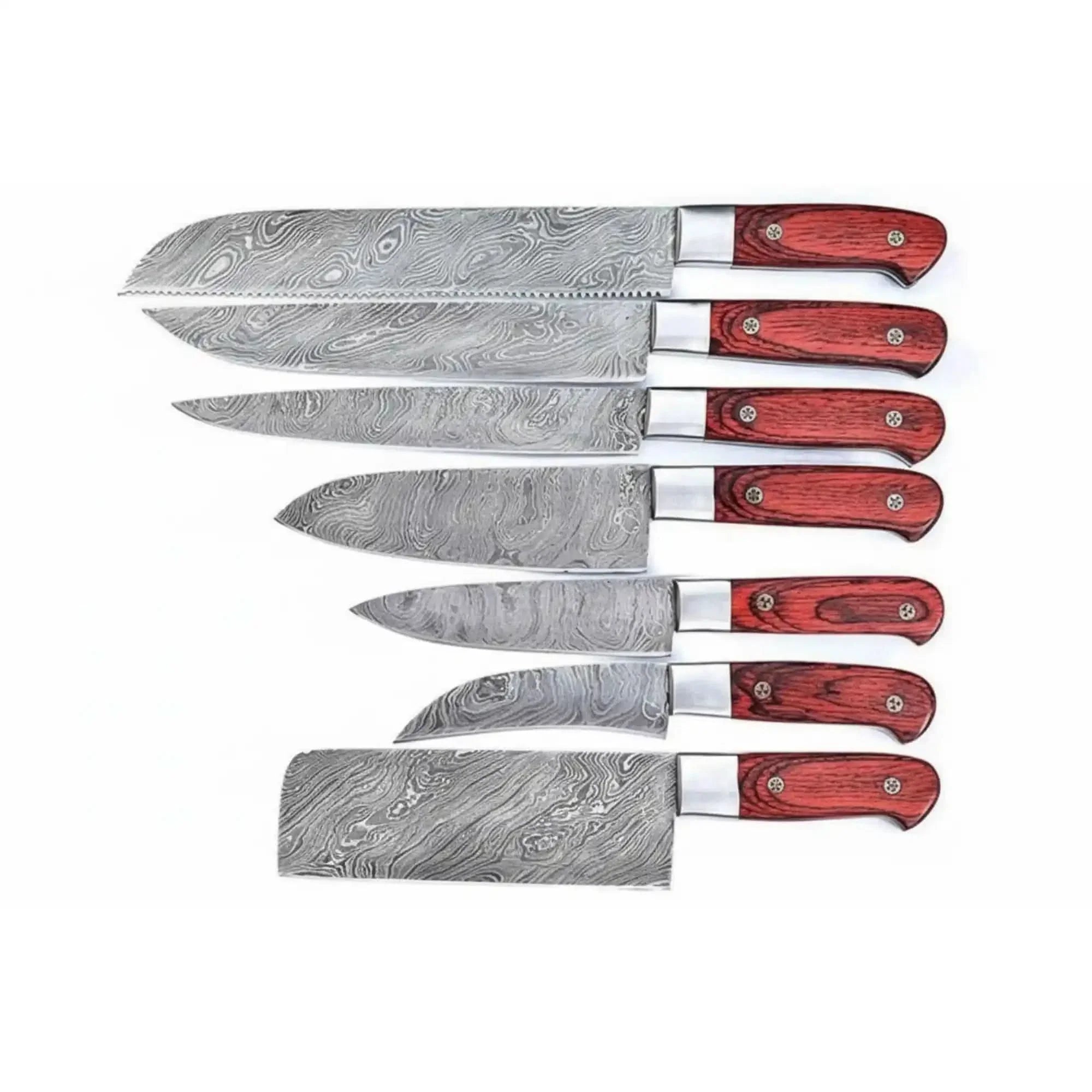 7-Piece Damascus Kitchen Knife Set - Complete Essential Blade Collection with Leather Roll
