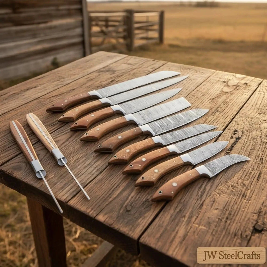 8-Piece Handmade Damascus Kitchen Knife Set with Walnut Wood Handles