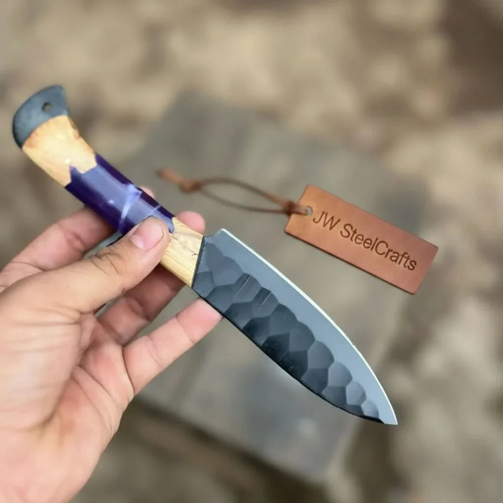 5-Piece Hand-Forged Chef Knives Set – Black Blades, Purple Resin & Olive Wood Handles