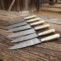 Artisan 7-Piece Damascus Steak Knife Set — Bone Handles, Mosaic Pins & Steel Bolsters