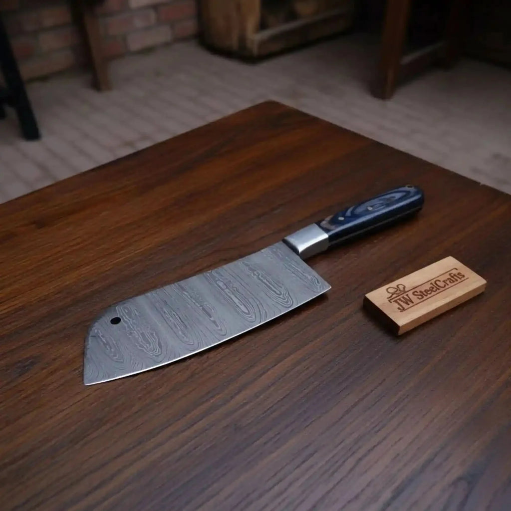7-Inch Damascus Cleaver Knife with Twisted Blade Grey Pakka Wood Handle