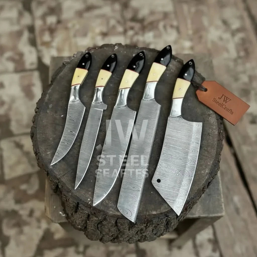 Damascus Chef Knife Set – 5-Piece Camel Bone & Black Micarta Handle Collection