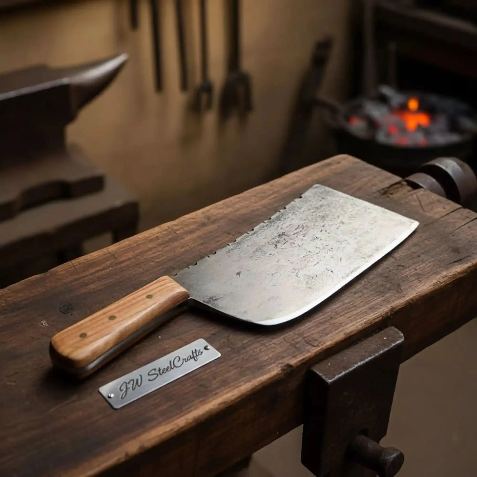 Hand-Forged 9-Inch Kitchen Cleaver with Natural Wood Handle and Filework Spine (14-Inch Overall)