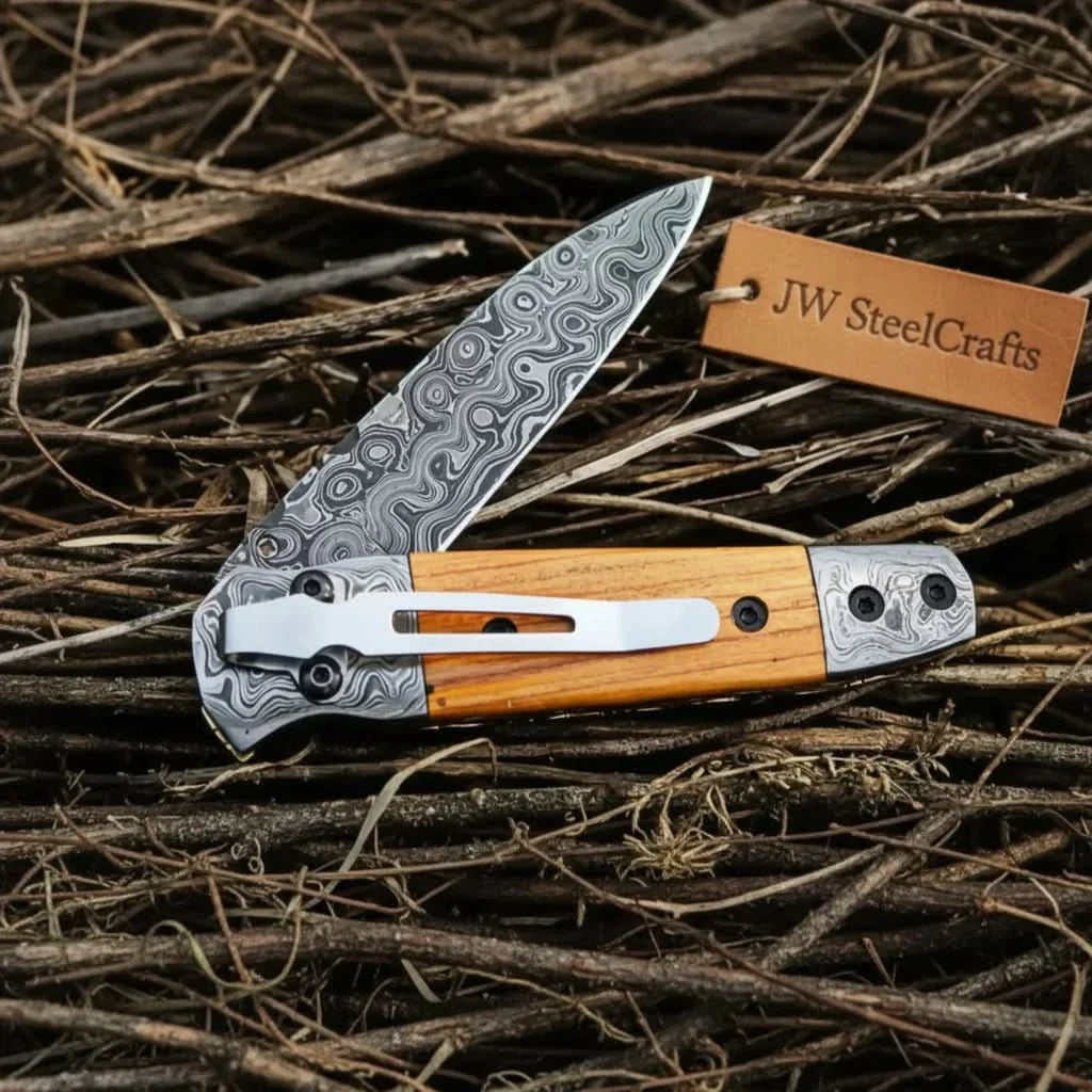 Handmade Damascus Steel Folding Knife with Olive Wood Handle – Pocket Knife for Everyday Carry & Gift